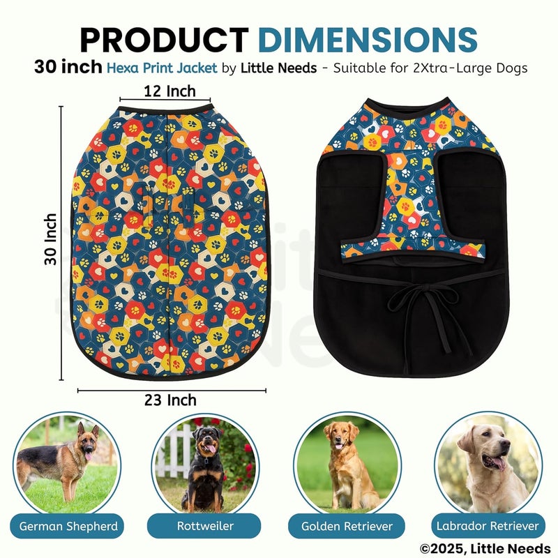 LITTLE NEEDS Dog Winter Jacket - (Hexa Print, 30 Inch) for Xtra Large Size Dogs | Ultra Warm Waterproof & Windproof Coat | Adjustable Velcro Closure, Washable Vest for Cold Weather | Indoor & Outdoor - Image 2