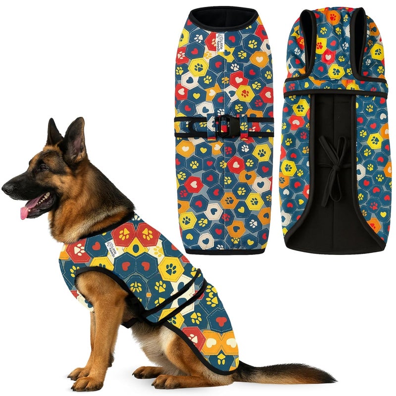 LITTLE NEEDS Dog Winter Jacket - (Hexa Print, 30 Inch) for Xtra Large Size Dogs | Ultra Warm Waterproof & Windproof Coat | Adjustable Velcro Closure, Washable Vest for Cold Weather | Indoor & Outdoor - Image 1