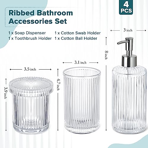RYTOXILO Bathroom Accessories Set, 4 Pack Clear Glass Bath Accessory Sets Complete, Ribbed Soap Dispenser and Toothbrush Holder Set with 2 Qtip Holders, Modern Sliver Bathroom Counter Decor - Image 2