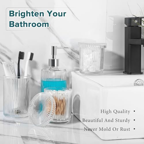 RYTOXILO Bathroom Accessories Set, 4 Pack Clear Glass Bath Accessory Sets Complete, Ribbed Soap Dispenser and Toothbrush Holder Set with 2 Qtip Holders, Modern Sliver Bathroom Counter Decor - Image 5