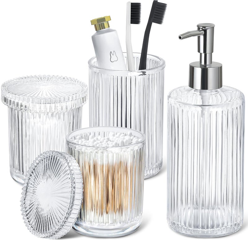 RYTOXILO Bathroom Accessories Set, 4 Pack Clear Glass Bath Accessory Sets Complete, Ribbed Soap Dispenser and Toothbrush Holder Set with 2 Qtip Holders, Modern Sliver Bathroom Counter Decor - Image 1