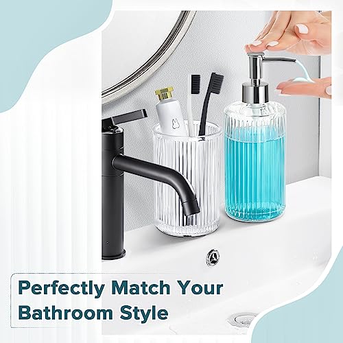 RYTOXILO Bathroom Accessories Set, 4 Pack Clear Glass Bath Accessory Sets Complete, Ribbed Soap Dispenser and Toothbrush Holder Set with 2 Qtip Holders, Modern Sliver Bathroom Counter Decor - Image 3