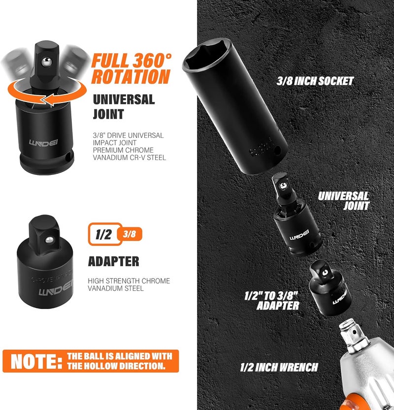 LLNDEI 3/8" Drive Impact Socket Set SAE and Metric (5/16"- 3/4", 8-22mm) 48pcs, CR-V Steel, 6 Point Sockets, Extension Bar (3-in, 6-in), 1/2"F to 3/8"M Reducer Universal Joint - Image 4