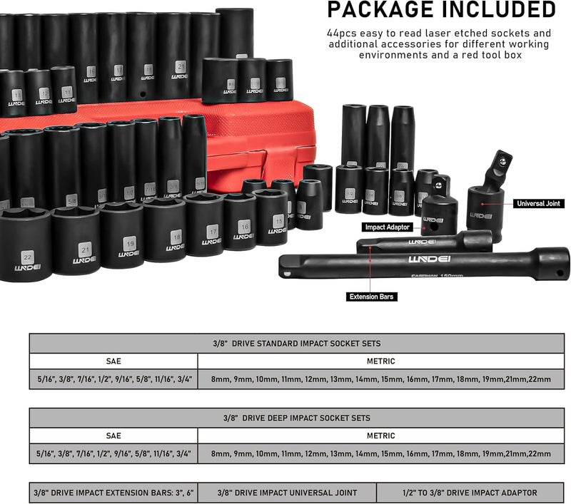 LLNDEI 3/8" Drive Impact Socket Set SAE and Metric (5/16"- 3/4", 8-22mm) 48pcs, CR-V Steel, 6 Point Sockets, Extension Bar (3-in, 6-in), 1/2"F to 3/8"M Reducer Universal Joint - Image 3
