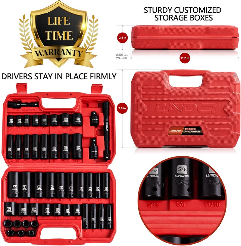 LLNDEI 3/8" Drive Impact Socket Set SAE and Metric (5/16"- 3/4", 8-22mm) 48pcs, CR-V Steel, 6 Point Sockets, Extension Bar (3-in, 6-in), 1/2"F to 3/8"M Reducer Universal Joint - Image 2