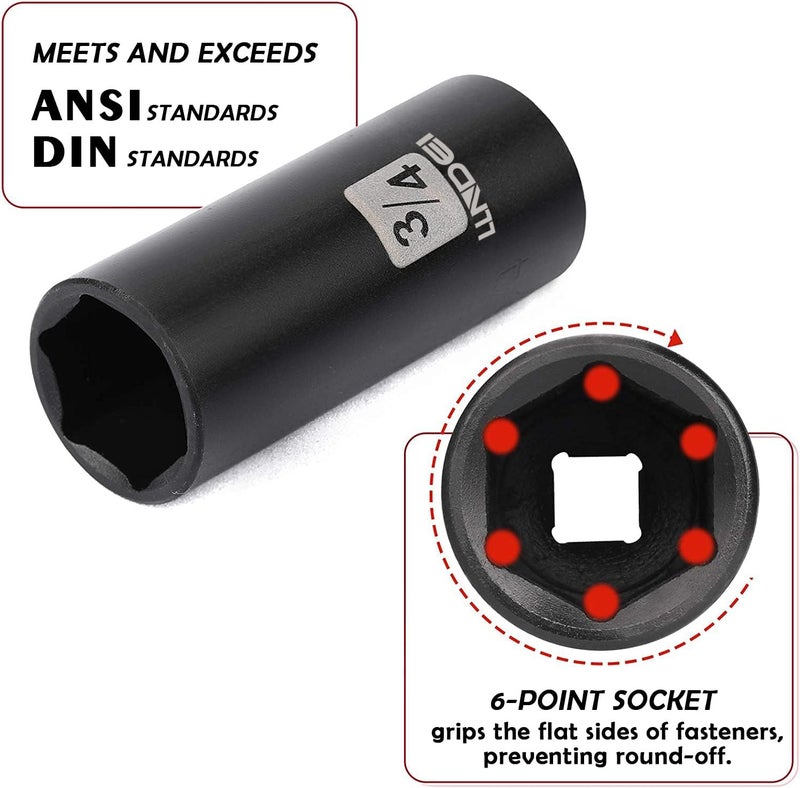 LLNDEI 3/8" Drive Impact Socket Set SAE and Metric (5/16"- 3/4", 8-22mm) 48pcs, CR-V Steel, 6 Point Sockets, Extension Bar (3-in, 6-in), 1/2"F to 3/8"M Reducer Universal Joint - Image 5