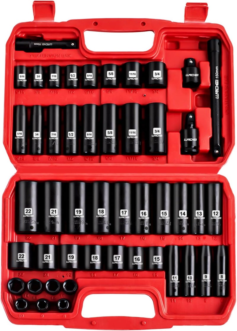 LLNDEI 3/8" Drive Impact Socket Set SAE and Metric (5/16"- 3/4", 8-22mm) 48pcs, CR-V Steel, 6 Point Sockets, Extension Bar (3-in, 6-in), 1/2"F to 3/8"M Reducer Universal Joint - Image 1