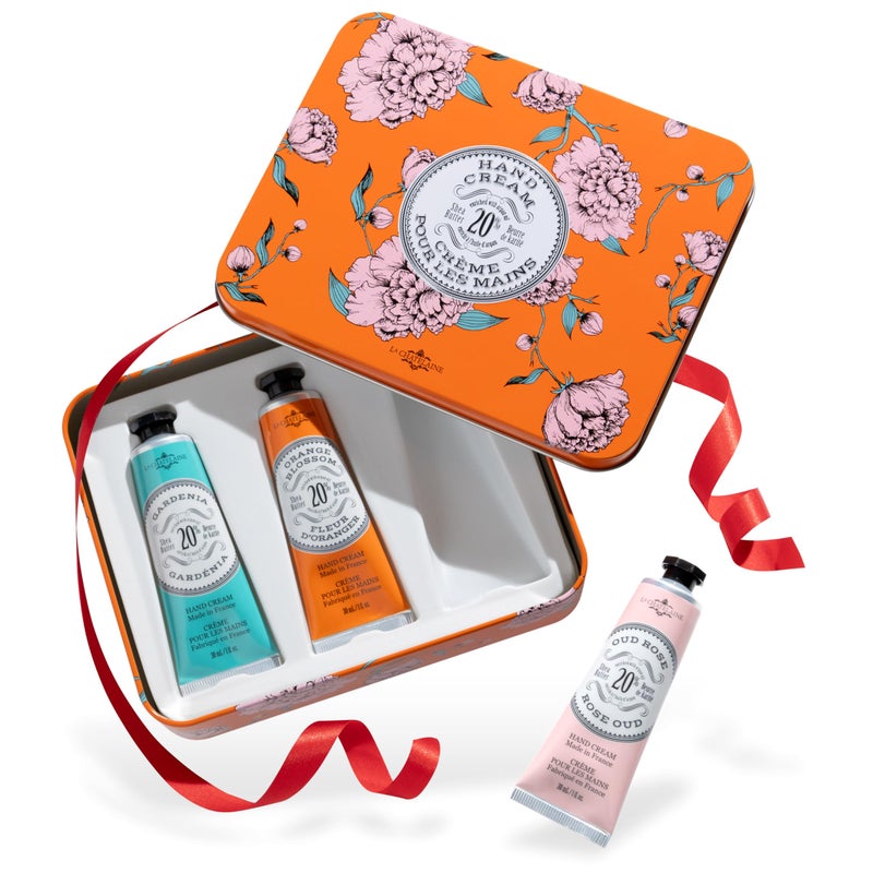 La Chatelaine Hand Cream Trio Tin, Gifts for Mom, Natural Hand Lotion Gift Set, Made in France 20% Organic Shea Butter (Gardenia, Cinnamon Orange, Passion Fruit or Orange, Oud Rose) 3 x 1 fl. oz - Image 1