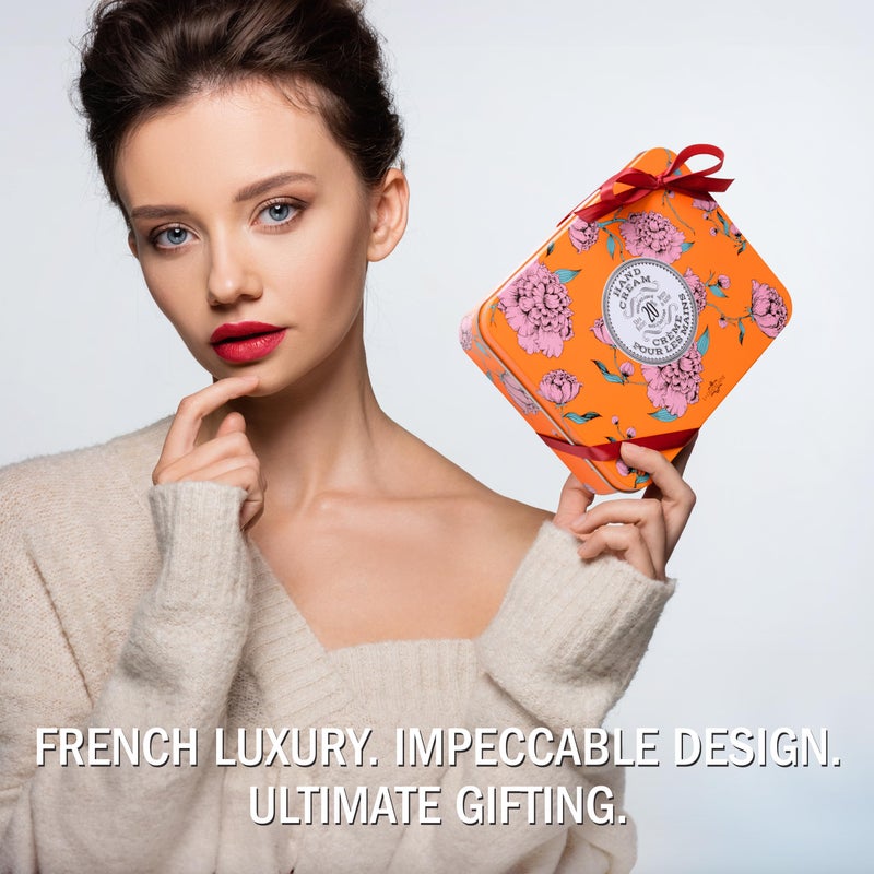 La Chatelaine Hand Cream Trio Tin, Gifts for Mom, Natural Hand Lotion Gift Set, Made in France 20% Organic Shea Butter (Gardenia, Cinnamon Orange, Passion Fruit or Orange, Oud Rose) 3 x 1 fl. oz - Image 4