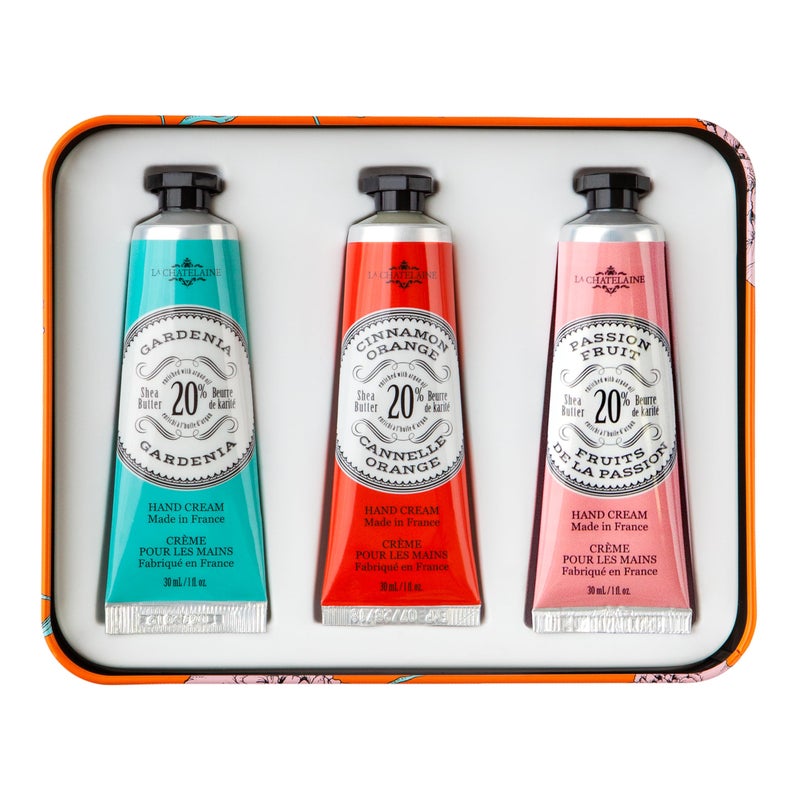 La Chatelaine Hand Cream Trio Tin, Gifts for Mom, Natural Hand Lotion Gift Set, Made in France 20% Organic Shea Butter (Gardenia, Cinnamon Orange, Passion Fruit or Orange, Oud Rose) 3 x 1 fl. oz - Image 2