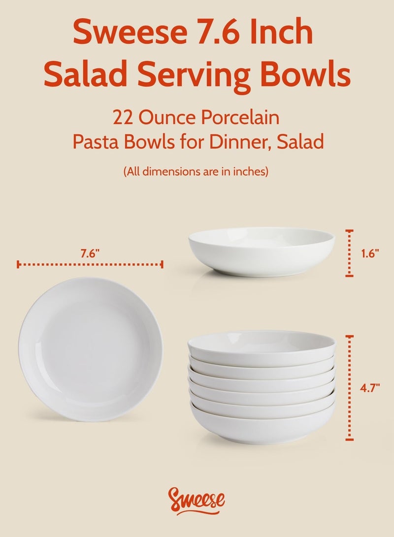 Sweese 22oz Porcelain Pasta Bowls Set of 6-7.6 Inch White Salad Serving Plates, Microwave Dishwasher Safe Dinnerware - Image 2