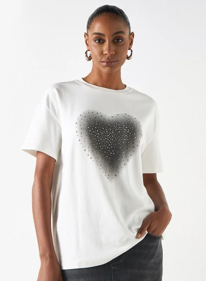 2Xtremz 2Xtremz Embellished Round Neck T-shirt with Short Sleeves