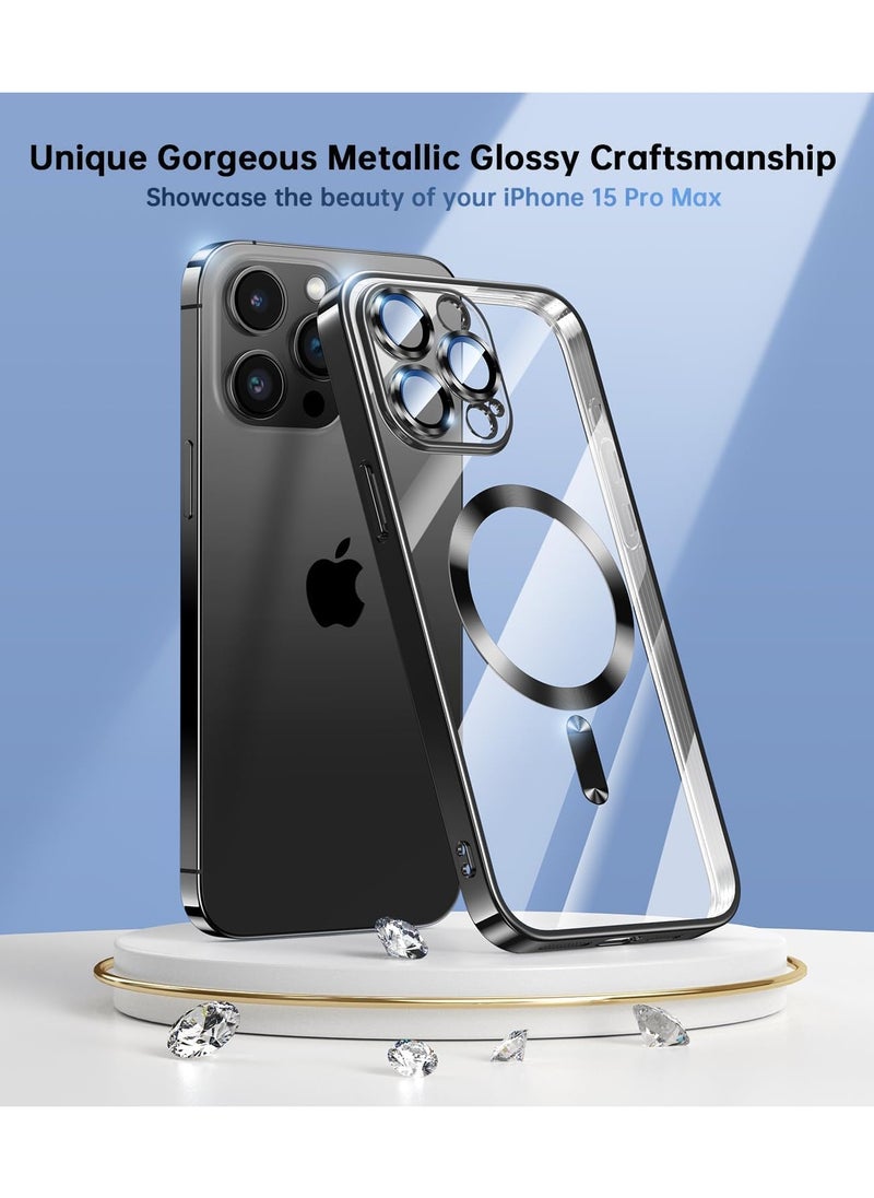 Magnetic Case for iPhone 15 Pro Max with Integrated Camera Lens Protector, [Compatible with MagSafe] [Metallic Glossy Soft Bumper], Diamond Clear Phone Case Cover for iPhone 15 Pro Max (6.7") (Black)
