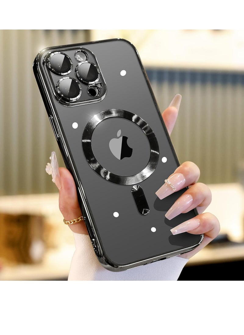 Magnetic Case for iPhone 15 Pro Max with Integrated Camera Lens Protector, [Compatible with MagSafe] [Metallic Glossy Soft Bumper], Diamond Clear Phone Case Cover for iPhone 15 Pro Max (6.7") (Black)