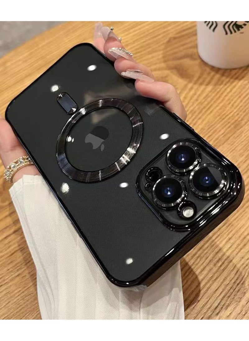Magnetic Case for iPhone 15 Pro Max with Integrated Camera Lens Protector, [Compatible with MagSafe] [Metallic Glossy Soft Bumper], Diamond Clear Phone Case Cover for iPhone 15 Pro Max (6.7") (Black)
