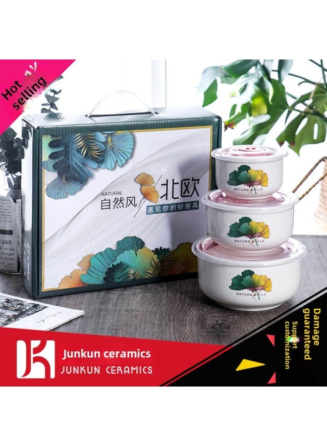 Year Of The Snake Gift Bowl Printed Cartoon Ceramic Fresh-keeping Bowl Three-piece Cartoon Sealed Bowl Wedding Gift Tableware Suit-Specifications:Northern Europe-Color:Large Single Color Box (48 Or 20 Sets Per Box) - Image 1