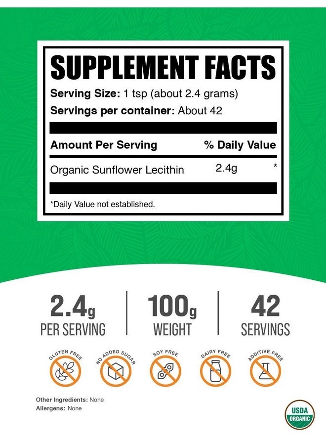 BulkSupplements مسحوق ليسيثين عباد الشمس العضوي من BulkSupplements.com - مكمل ليسيثين عباد الشمس، مكمل غذائي، درجة غذائية - نباتي وخالي من الغلوتين، 2.4 جرام لكل حصة، 100 جرام (3.5 أونصة) (عبوة من 1) - Image 2
