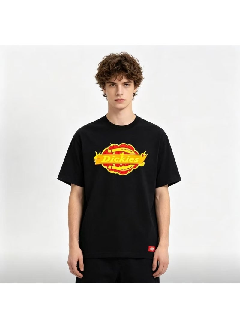 Dickies Black Short Sleeve T-Shirt with Flame Logo Print Size L - Image 1