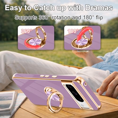 Tnarru Designed for Google Pixel 8 Pro Case with Ring Stand, Support Magnetic Car Mount Rotating Finger Holder Soft TPU Cover Plating Edge Slim Phone Case for Pixel 8 Pro Purple - Image 2