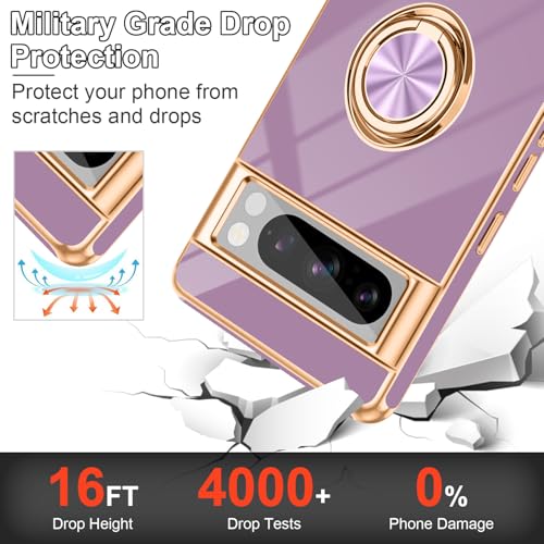 Tnarru Designed for Google Pixel 8 Pro Case with Ring Stand, Support Magnetic Car Mount Rotating Finger Holder Soft TPU Cover Plating Edge Slim Phone Case for Pixel 8 Pro Purple - Image 5