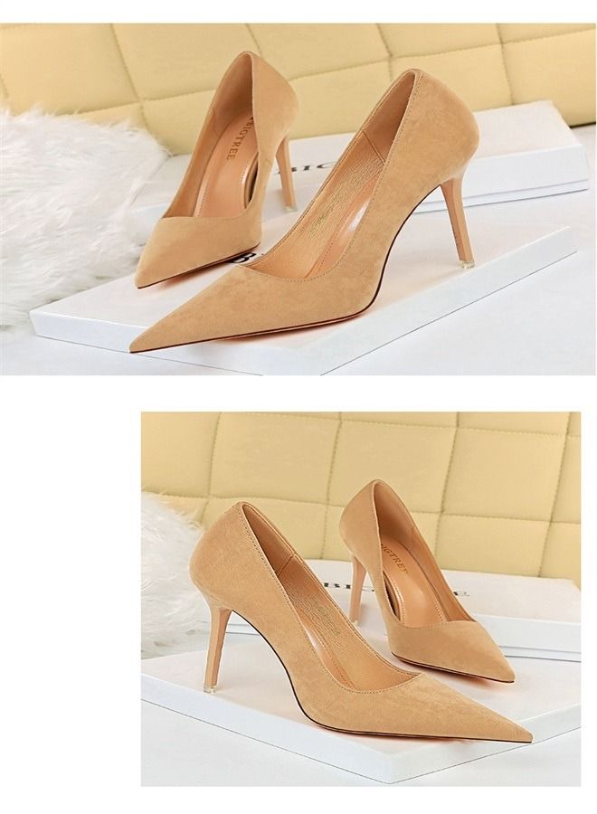 BIGTREE Suede Shallow Pointed High Heels 10.5CM Beige - Image 2