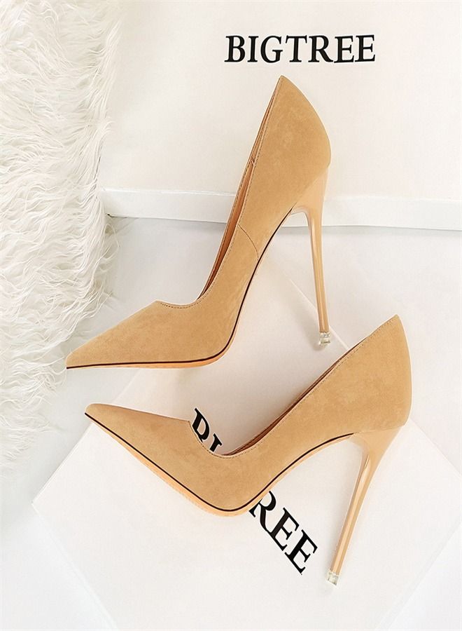 BIGTREE Suede Shallow Pointed High Heels 10.5CM Beige - Image 1