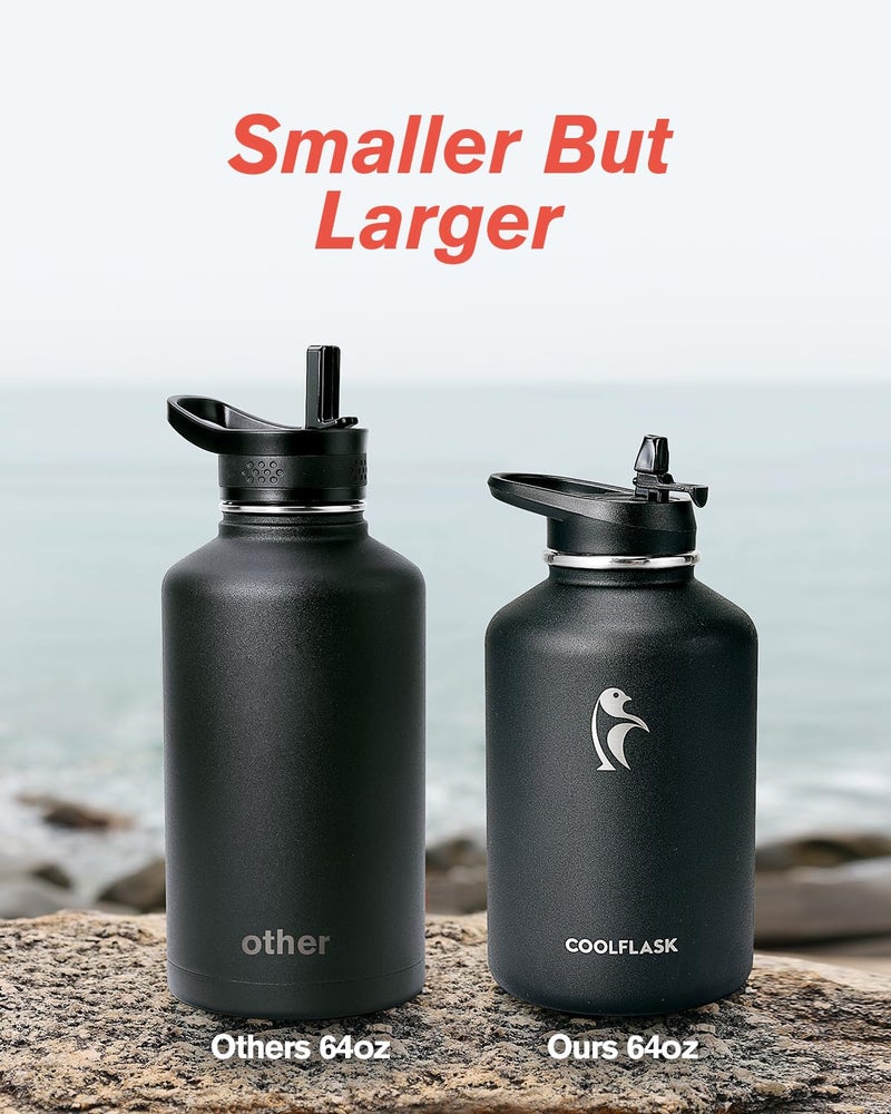 Coolflask 64 oz Insulated Water Bottle with Strap & Sleeve, Half Gallon Water Jug 3 Lids Stainless Steel Multifunctional Flask BPA-Free, Keep 48H Cold 24H Hot, Compact Yoga/Gym Bottle, Black - Image 5
