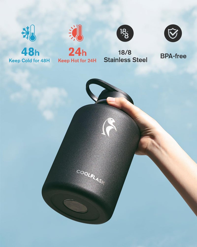 Coolflask 64 oz Insulated Water Bottle with Strap & Sleeve, Half Gallon Water Jug 3 Lids Stainless Steel Multifunctional Flask BPA-Free, Keep 48H Cold 24H Hot, Compact Yoga/Gym Bottle, Black - Image 3