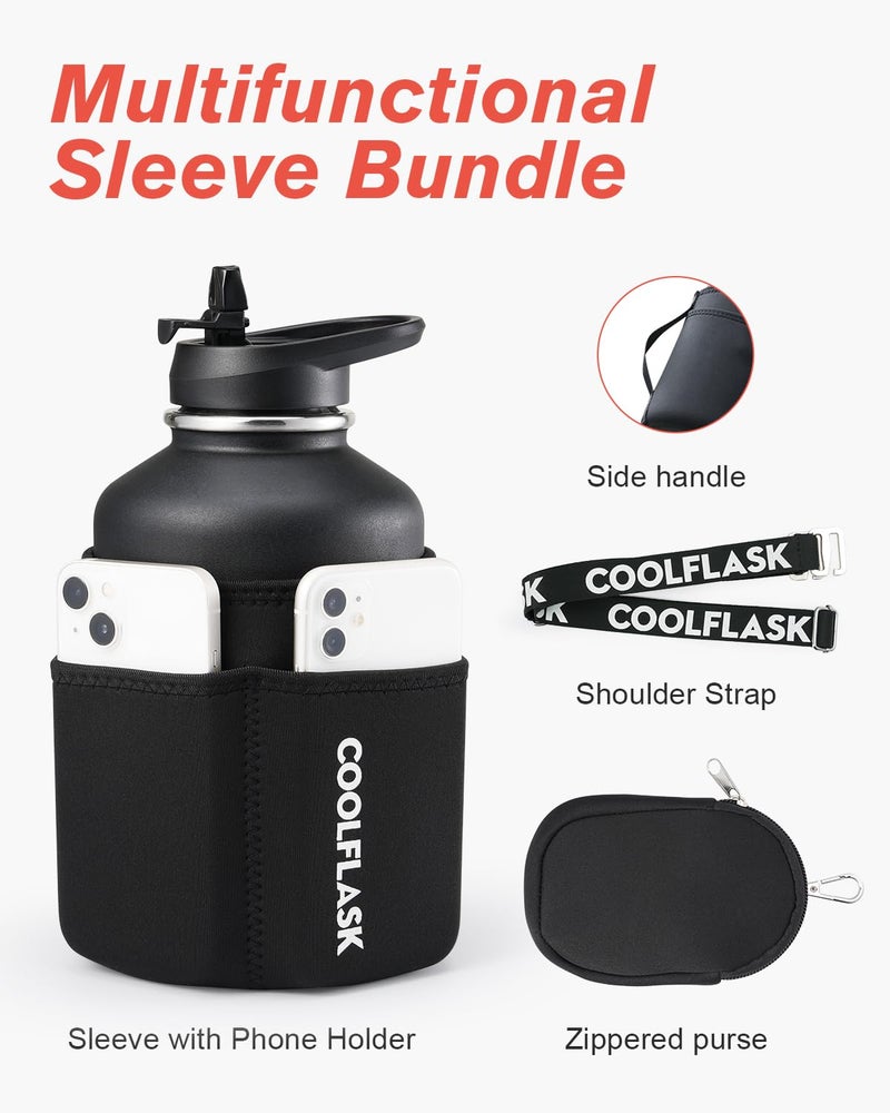 Coolflask 64 oz Insulated Water Bottle with Strap & Sleeve, Half Gallon Water Jug 3 Lids Stainless Steel Multifunctional Flask BPA-Free, Keep 48H Cold 24H Hot, Compact Yoga/Gym Bottle, Black - Image 2