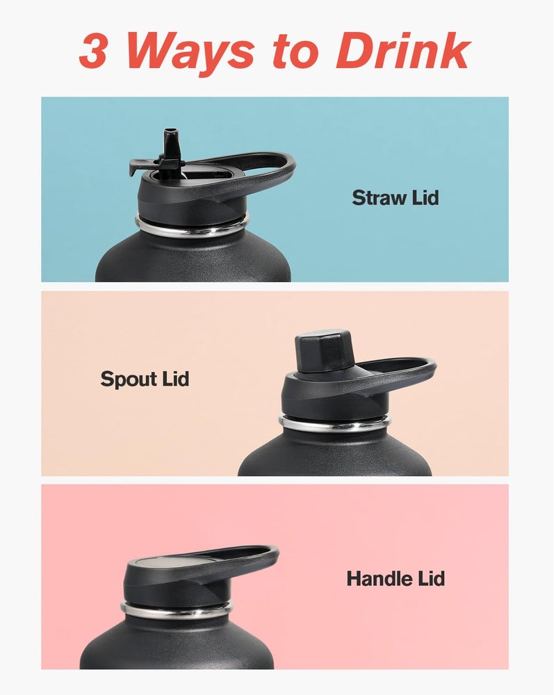 Coolflask 64 oz Insulated Water Bottle with Strap & Sleeve, Half Gallon Water Jug 3 Lids Stainless Steel Multifunctional Flask BPA-Free, Keep 48H Cold 24H Hot, Compact Yoga/Gym Bottle, Black - Image 4