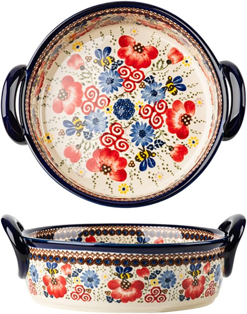 Bicuzat Vintage Flowers Style Ceramic Bakeware Casserole Dish Baking Pan Lasagna Pans Baking Dish with Handles for Oven/Cooking/Kitchen-1 PCS-Red Flowers-32 OZ - Image 1