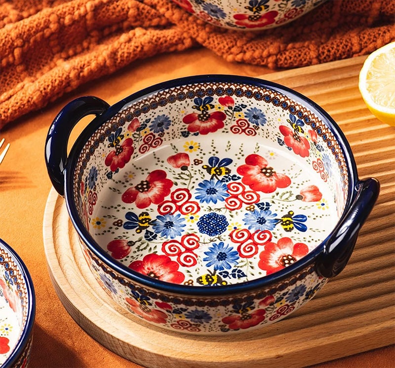 Bicuzat Vintage Flowers Style Ceramic Bakeware Casserole Dish Baking Pan Lasagna Pans Baking Dish with Handles for Oven/Cooking/Kitchen-1 PCS-Red Flowers-32 OZ - Image 3