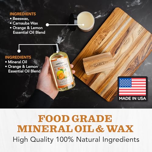 CLARK'S Food Grade Mineral Oil (12oz) and Carnauba Wax (6oz) Set - 100% Natural Butcher Block Oil and Cutting Board Wax - Food Safe Beeswax and Wood Cutting Board Oil with Orange & Lemon Extract - Image 3