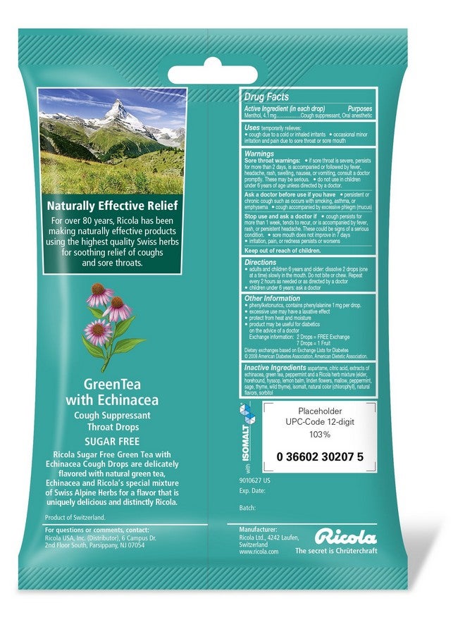 Ricola Ricola Sugar Free Green Tea with Echinacea Cough Suppressant Throat Drops, 19ct Bag  - Image 2