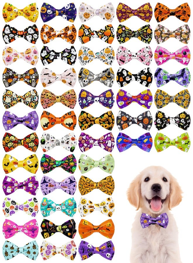 PET SHOW 50 Pack Halloween Small Dog Bow Ties Bulk Sliding Collar Attachments Puppy Cats Pumpkin Ghost Bowties for Medium Dogs Bowknots Holiday Party Pet Grooming Accessories, S/M - Image 1