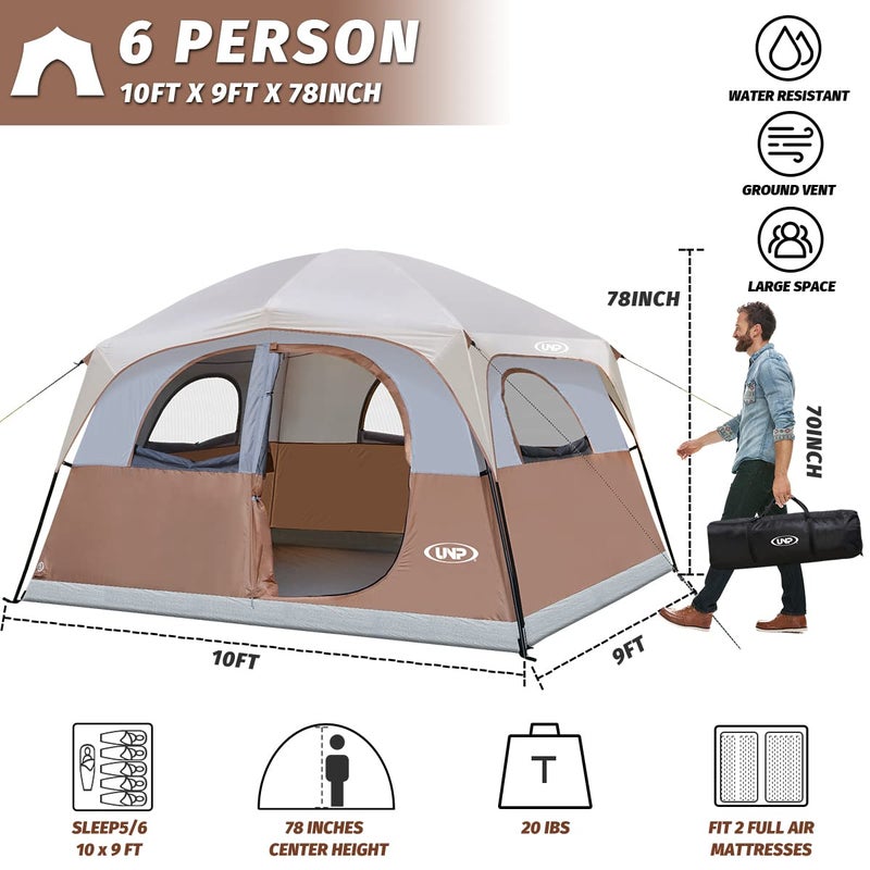 UNP 6 Person Tent for Camping, Easy Setup Cabin Tent Waterproof Windproof Family Camping Tent 1 Mesh Door & 5 Large Mesh Windows 10'X9'X78in(H) - Image 2