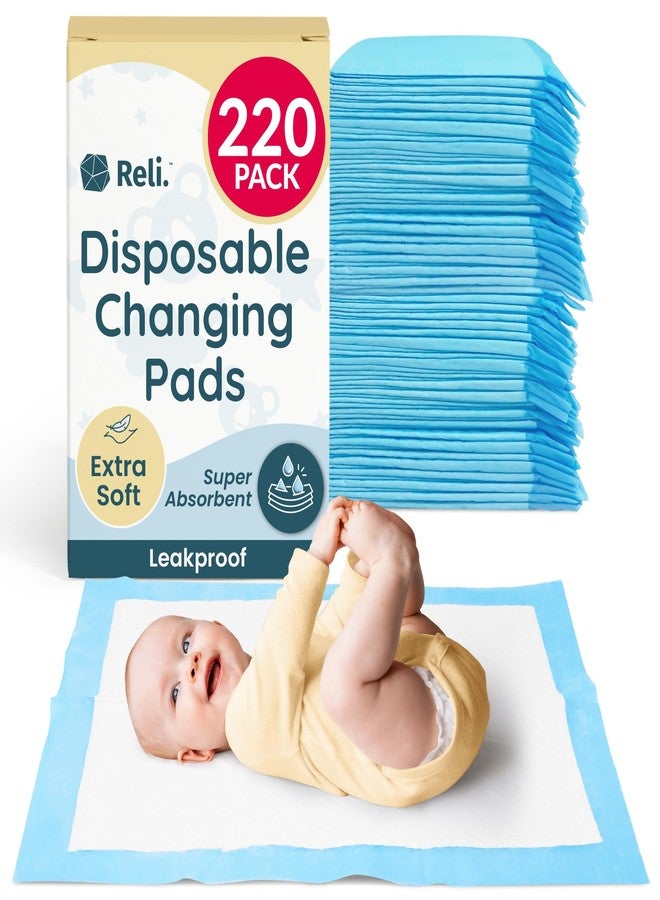 Reli. Disposable Changing Pads for Baby (220 Pack) | Disposable Diaper Changing Pads, 13" x 18" | Super Absorbent, Leak-Proof Liners | Waterproof, Quick Dry Underpads (Blue/White) - Image 1