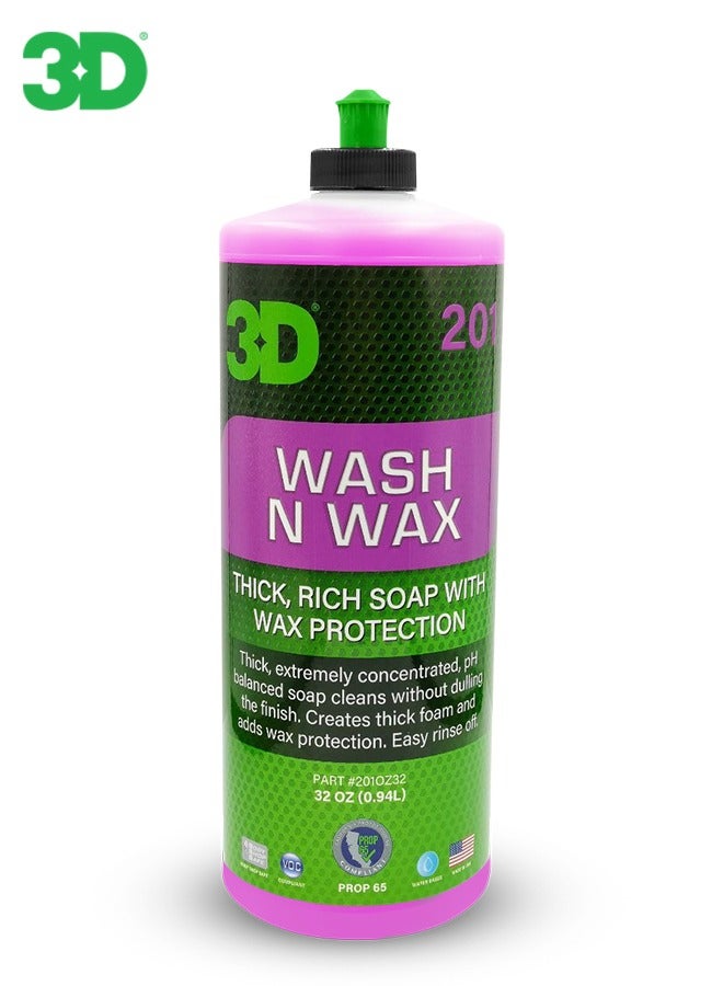 3D Wash N Wax Car Shampoo 946ml 32oz Thick Rich Foam Soap with Wax Protection pH Balanced, Easy Rinse, High Gloss Finish for Exterior Car Wash Safe for All Vehicle Surfaces - 201 - Image 1