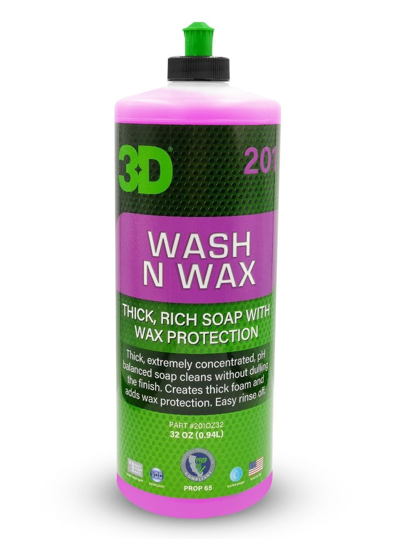 3D Wash N Wax Car Shampoo 946ml 32oz Thick Rich Foam Soap with Wax Protection pH Balanced, Easy Rinse, High Gloss Finish for Exterior Car Wash Safe for All Vehicle Surfaces - 201 - Image 2