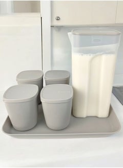 Banana Banana juice set, silver pink  1600 ml jug with 15.5 inch tray and 4 320 ml cups with lid in the same color  - Image 1
