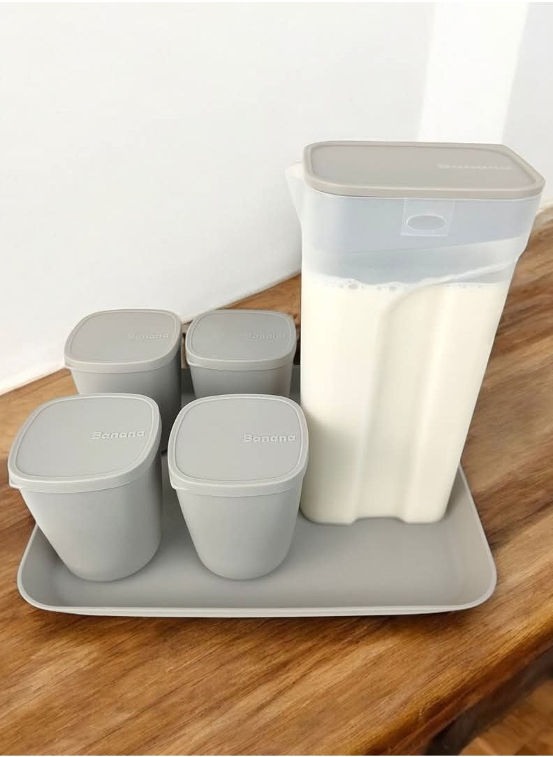 Banana Banana juice set, silver pink  1600 ml jug with 15.5 inch tray and 4 320 ml cups with lid in the same color  - Image 2
