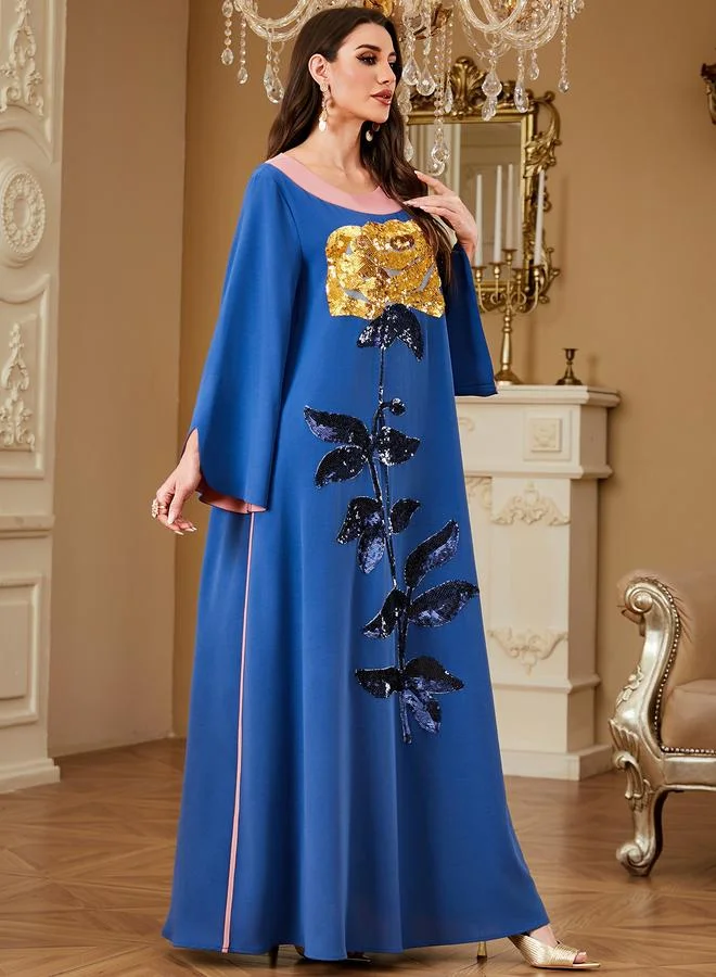 تايك تو Blue Floral Sequin Embroidered Contrast Neck Maxi Jalabiya