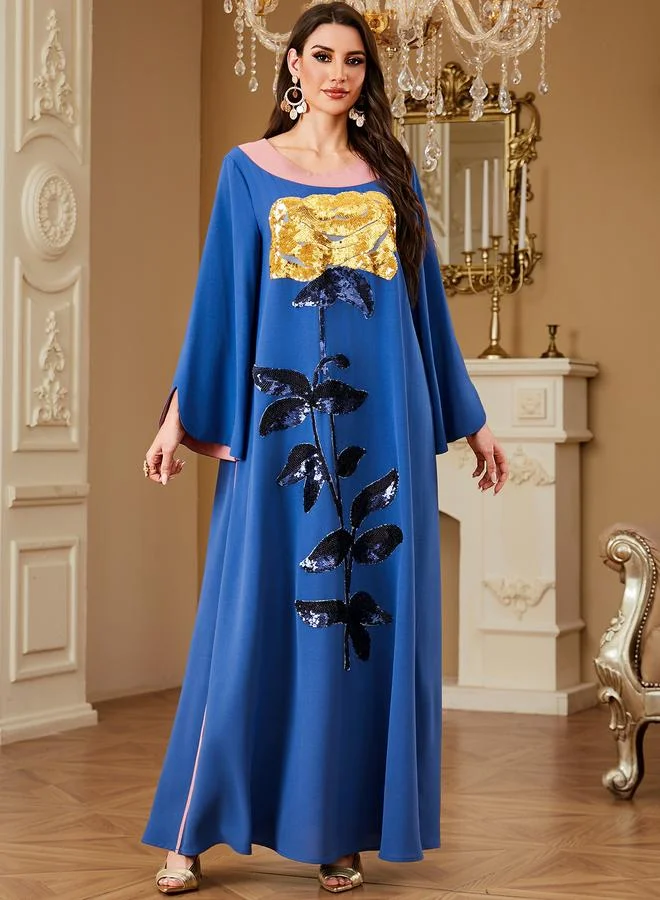 تايك تو Blue Floral Sequin Embroidered Contrast Neck Maxi Jalabiya