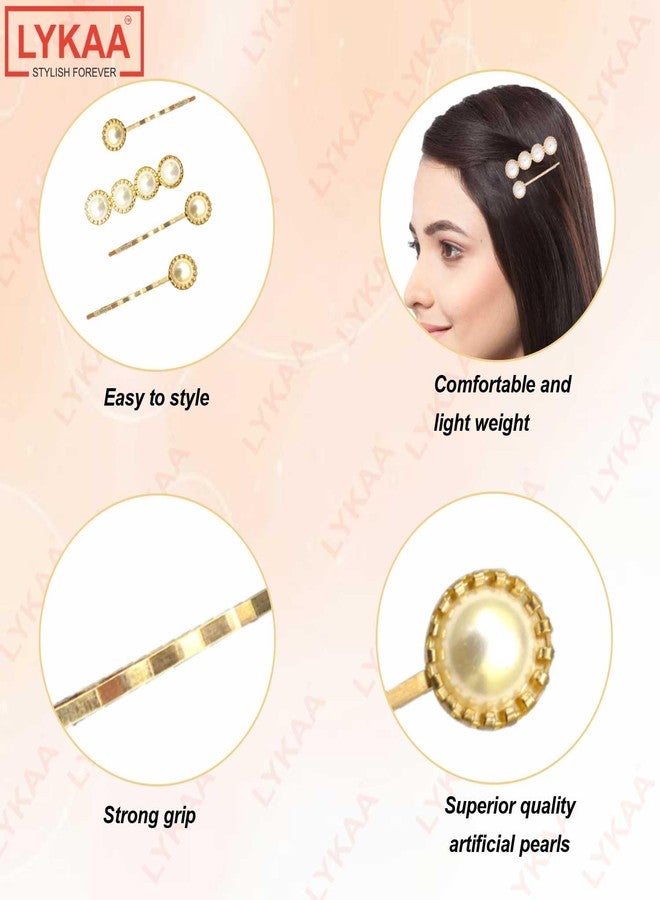 LYKAA Stylish White Pearl Golden Hair Pins Metal Hair Clip Ultra-Light Fashion Hair Styling Clips Korean Fancy Bling For Kids, Girls & Women | (Pack of 5) - Image 4