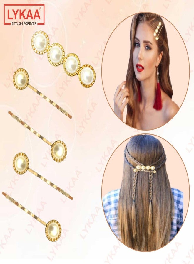 LYKAA Stylish White Pearl Golden Hair Pins Metal Hair Clip Ultra-Light Fashion Hair Styling Clips Korean Fancy Bling For Kids, Girls & Women | (Pack of 5) - Image 3