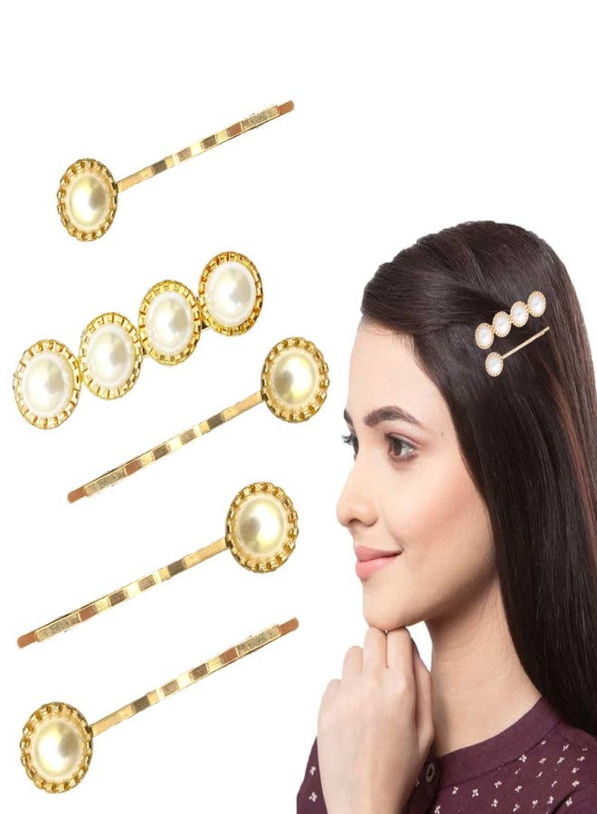 LYKAA Stylish White Pearl Golden Hair Pins Metal Hair Clip Ultra-Light Fashion Hair Styling Clips Korean Fancy Bling For Kids, Girls & Women | (Pack of 5) - Image 1