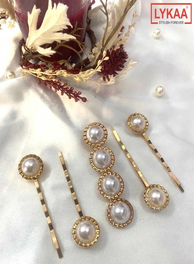 LYKAA Stylish White Pearl Golden Hair Pins Metal Hair Clip Ultra-Light Fashion Hair Styling Clips Korean Fancy Bling For Kids, Girls & Women | (Pack of 5) - Image 5