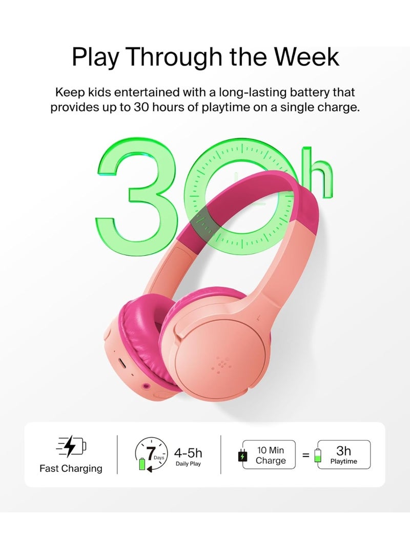 بيلكين سماعات رأس لاسلكية للأطفال SoundForm Mini مع ميكروفون مدمج، 30 ساعة من وقت التشغيل، وملصقات ممتعة - سماعات فوق الأذن للتعلم عبر الإنترنت، المدرسة، السفر، آيفون، آيباد، جالاكسي - وردي - Image 4