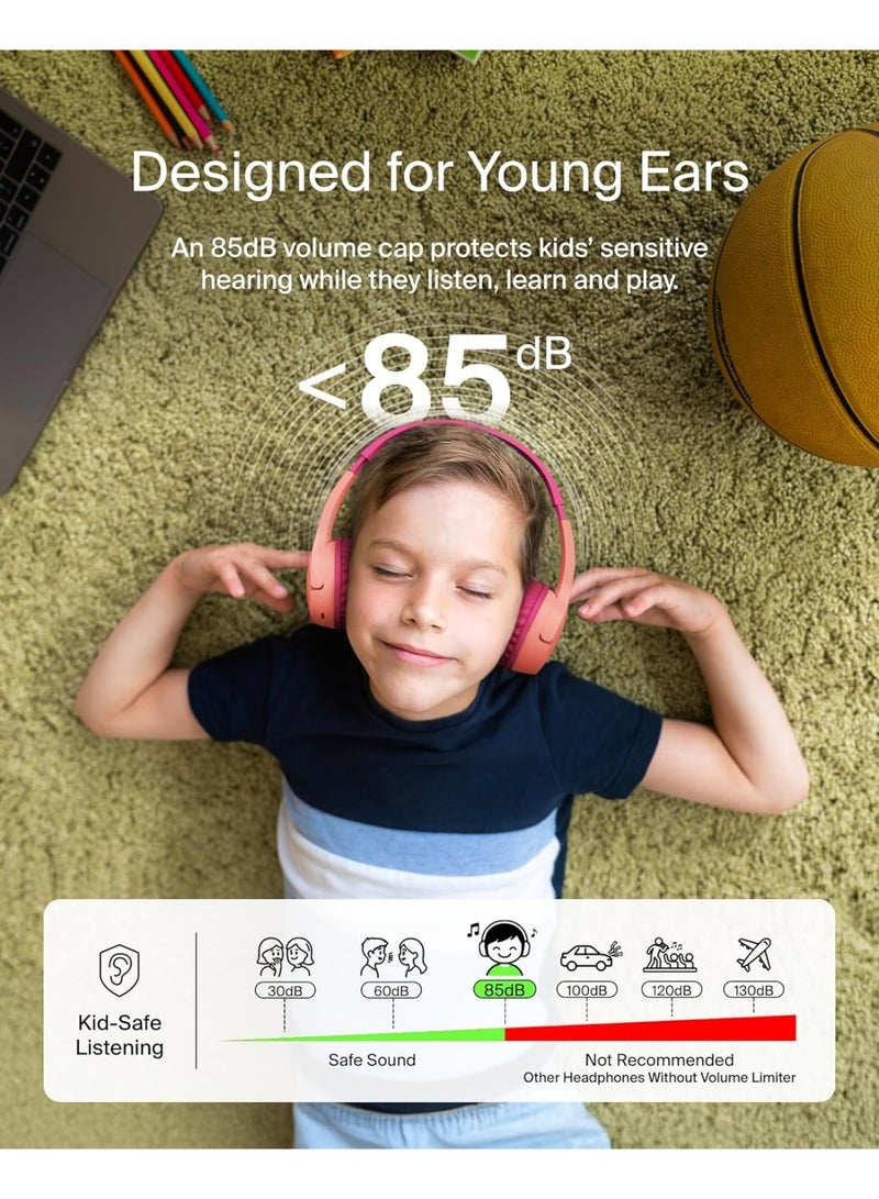 بيلكين سماعات رأس لاسلكية للأطفال SoundForm Mini مع ميكروفون مدمج، 30 ساعة من وقت التشغيل، وملصقات ممتعة - سماعات فوق الأذن للتعلم عبر الإنترنت، المدرسة، السفر، آيفون، آيباد، جالاكسي - وردي - Image 3