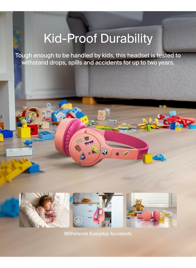 بيلكين سماعات رأس لاسلكية للأطفال SoundForm Mini مع ميكروفون مدمج، 30 ساعة من وقت التشغيل، وملصقات ممتعة - سماعات فوق الأذن للتعلم عبر الإنترنت، المدرسة، السفر، آيفون، آيباد، جالاكسي - وردي - Image 5